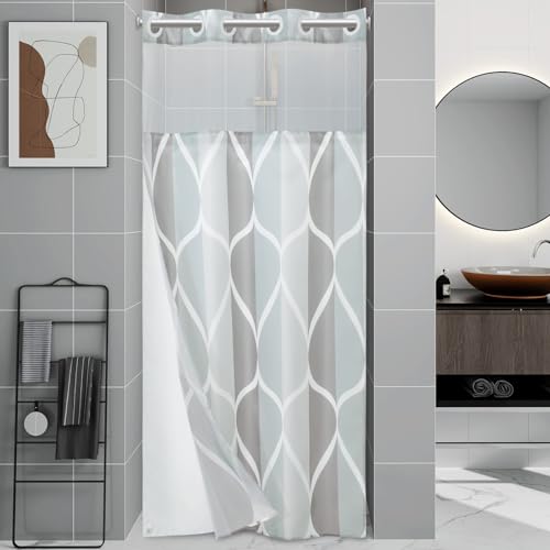 Yiatn No Hook Grey Small Stall Shower Curtain with Snap in Fabric Liner Set - Hotel Style with See Through Mesh Top Window, Modern Geometric Waterdrop Design,Waterproof and Washable, 36x74 INCH - color: A. Grey, size: 36"W x 74"L (Pack of 1)