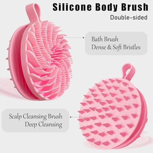 Douji Double-Sided Silicone Body Scrubber Shower Bath Brush, Handheld Cleansing Skin Brush for Sensitive Kids Women Men All Kinds of Skin（Pink） - size: Pink