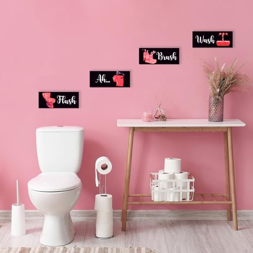 4 Pcs Red Bathroom Decor Funny Red And Black Bathroom Decor Wooden Modern Funny Glitter for Home Toilet Decoration(10x4") - color: Red, size: 10 X 4 Inch