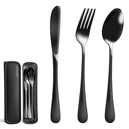 SAOSHYPEI 4-Piece Portable Utensils Set with Travel Case, Reusable Food-Grade Stainless Steel Silverware (Knife, Fork, Spoon), Dishwasher Safe Flatware for Camping, Work Lunch & Picnic, Black - color: Black1