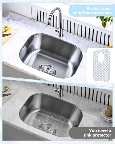 2 Pack Silicone Sink Protectors for Kitchen Sink, Trellis Pattern 13 x 11 Inches Sink Mat, Non-Slip and Durable Sink Protector Silicone, Rear Drain, White - color: White