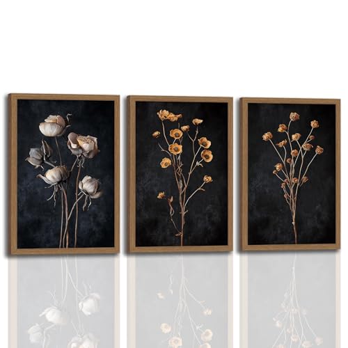 3 Pcs Moody Dried Flower Canvas Wall Art For Bedroom Dark Vintage Floral Framed Wall Art Rustic Aesthetic Botanical Art Prints for Living Room Bathroom 16x24 inch Ready to Hang - color: Dried flowers, size: 16x24 inches