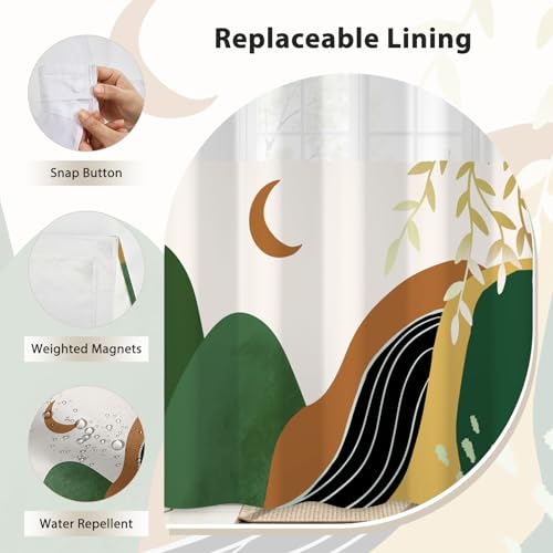 No Hook Shower Curtain Mid Century Boho with Snap in Liner, Hotel Grade Abstract Modern Shower Curtains Set for Bathroom, Spa Like Bath Curtain, Yellow, 59" W x 79" L - color: 01 Mid Century - Yellow, size: 59"W x 79"L (Pack of 1)