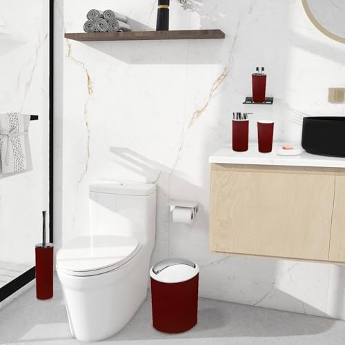 Bathroom Accessory Set 6 Piece Burgundy Acrylic Watercolor Marble Shiny Toothbrush Holder, Toothbrush Cup, Soap Dispenser, Soap Dish, Toilet Brush Holder, Trash can, xoniKYxlaPeIs-6j