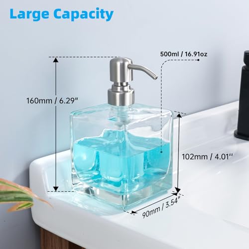 Square Bathroom Soap Dispenser Brushed Nickel, Large Capacity 16.9 oz Glass Bottles with Stainless Steel Pump Retangle Cube Liquid Soap Dispenser Kitchen - color: Brushed Nickel, size: 16.9oz-Square