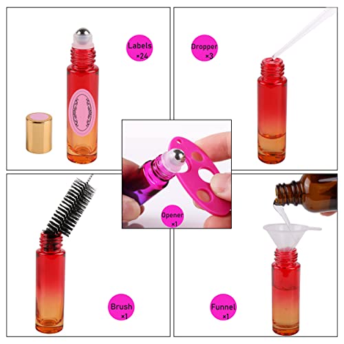 inice 24 10ml Essential Oils Roller Bottles Gradient Color Thick Glass Roll on Bottle Golden Metal Cap for Travel - color: 24 PACK Gradient Color Roller Bottles