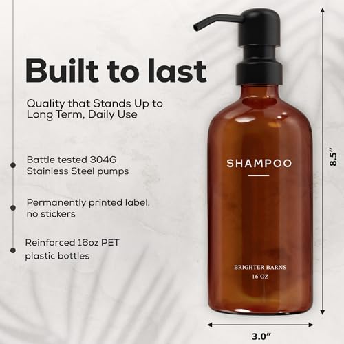 Amber Shampoo and Conditioner Dispenser Set by Brighter Barns - Body Wash and Shampoo Bottles with Pump - Refillable Plastic Shower Dispenser for Modern Bathroom Decor in Vacation Rental, Spa (Amber) - color: Amber