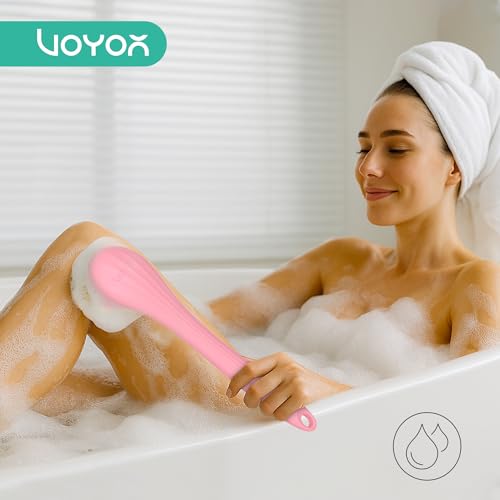 VOYOR Electric Body Brush Back Scrubber Silicone Body Scrubber Two-Way Rotating Brush Head for Deep Cleaning, Exfoliation, 4 Attachments Long Handle IPX6 Rechargeable Shower Brush BC300 (Pink) - color: Pink