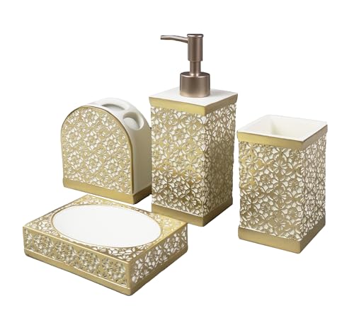 Hymmah Gold Bathroom Accessories Set,Farmhouse Bathroom Decor,4 Pcs Resin Gift Set Apartment Necessities, Contain Cotton Swab Jar,Soap Dispenser,Tumbler，Soap Dish/Tray - color: Gold