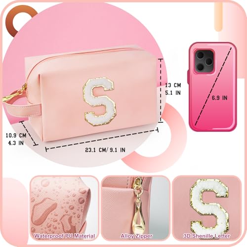 Personalized Initial Makeup Bag with Handle, Preppy Cosmetic Bag with Inner Zipper Pocket, 8 9 10 11 12 13 14 Years Old Girl, Graduation Gifts for Teen Girls Women Teachers (S, Pink) - color: Pink, style: S