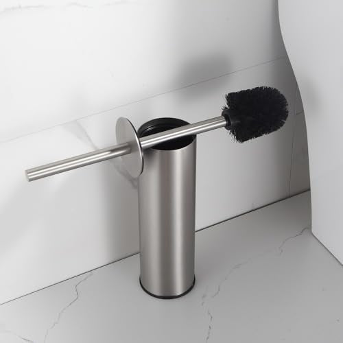 Toilet Brush and Holder Set Brushed Nickel Stainless Steel, 304 Heavy Duty Round Toilet Brush Set – Rust Resistant, Long Handle, Replacement Heads, Floor Standing Bathroom Toilet Cleaning - color: Brushed Nickel-round