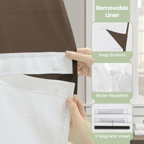Inhousolu No Hook Shower Curtain with Snap-in Fabric Liner, Waffle Weave 230 GSM Polyester, Weighted Hem, Water Repellent Washable, Mesh Top Window 72" W x 72" L Brown - color: Brown, size: 72"W x 72"L (Pack of 1)
