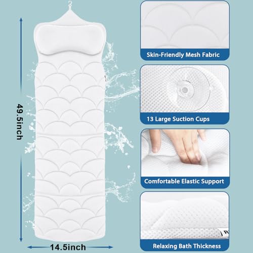 REEZEIVI Full Body Bath Pillow,Thick Bathtub Cushion with Laundry Bag,Bath Pillow with 13 Non-Slip Suction Cups,Soft 3D Mesh Fabric,Bathtub Cushion for Headrest Neck and Back Support (White) - color: White