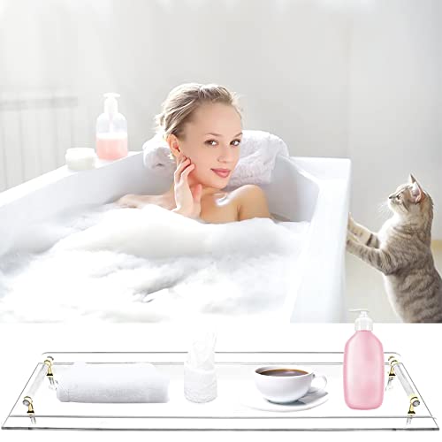 Acrylic Bathtub Tray Caddy, Clear Bath Shelf Tub Rack with Golden Handle, Luxury Bathtub Organizer Tablet Holder for Bathrooms, Toilets, Bedrooms