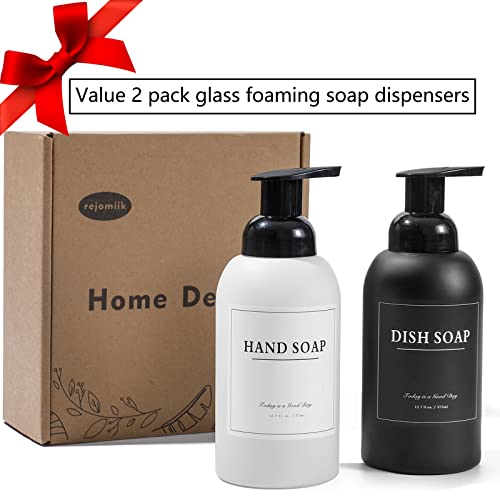 rejomiik 2 Pack Foaming Soap Dispenser Thick Glass Foam Hand Soap Dispenser for Bathroom or Kitchen Sink, 13 oz Pump Bottles for Hand soap, Body Wash, Matte Black and White - color: Black and White