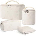 4Pcs Quilted Makeup Bag Set, Cute Bowknot Puffy Makeup Bag Toiletry Bag w/ Bow Zipper Travel Essentials Large Water-Resistant Travel Makeup Bag Versatile Cosmetic Organizer Pouch for Women Girls - color: Beige