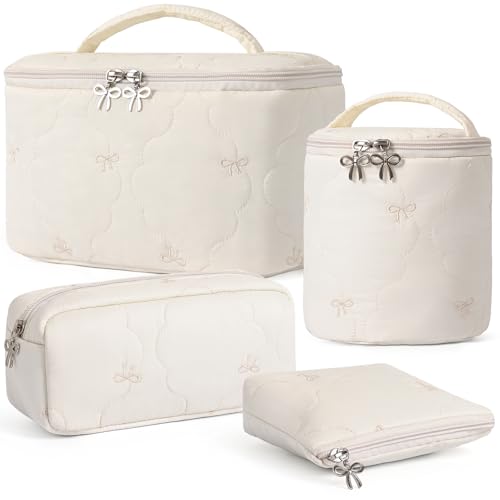 4Pcs Quilted Makeup Bag Set, Cute Bowknot Puffy Makeup Bag Toiletry Bag w/ Bow Zipper Travel Essentials Large Water-Resistant Travel Makeup Bag Versatile Cosmetic Organizer Pouch for Women Girls - color: Beige
