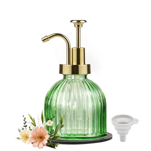 SheeChung 8 Oz Glass Soap Dispenser Bathroom, Green Liquid Hand Soap Dispenser with Pump, Refillable Dish Soap Dispenser for Kitchen, Cute Modern Stripes Lotion Bottle, Shampoo (Gold Pump, 1 Pack) - color: Green-gold Pump, 1 Pack