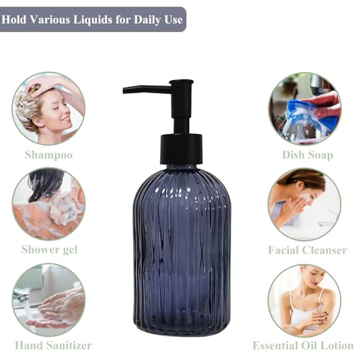 Glass Soap Dispenser with Black Plastic Pump, 13.5oz Refillable Hand Soap Dispenser for Kitchen, Bathroom, Great for Lotions, Essential Oil, Liquid Soap(Grayish Blue) - color: Grayish Blue
