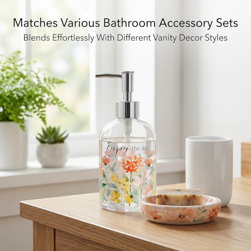 Topadorn 17oz Glass Soap Dispenser with Pump, Refillable Hand & Dish Soap Bottle, Watercolor Floral Enjoy the Day Kitchen Soap Dispenser for Bathroom Counter Decor - color: Floral