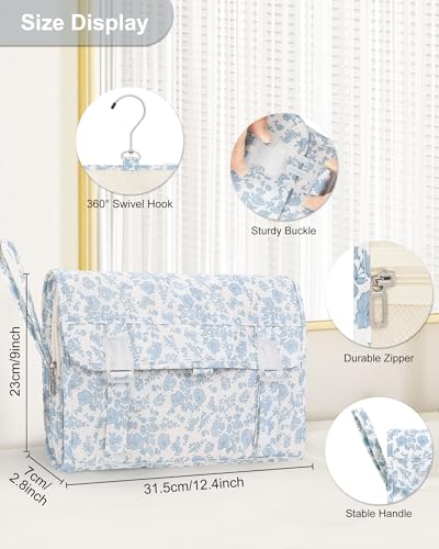 Relavel Travel Toiletry Bag with Hanging Hook, Floral Hanging Toiletries Bag for Women, Large Capacity Makeup Cosmetic Storage Organizer for Full Sized Container, Accessories - Blue Flower - color: 01 Blue Flower, size: X Large