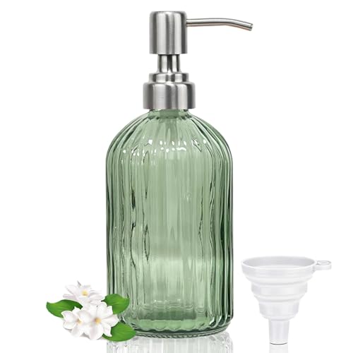 14Oz Green Soap Dispenser Bathroom, Clear Glass Hand Soap Dispensers with Stainless Steel Pump, Refillable Dish Soap Dispenser with Funnel for Kitchen, Countertop Soap Dispensers - color: Green