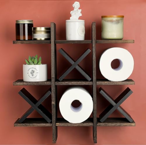 Weysat Tic Tac Toe Toilet Paper Holder Stand Bathroom Wall Decor Rustic Wooden Hanging Storage Freestanding Wall Mounted Shelves Decor for Toilet Tissue Farmhouse - color: Retro White, Black