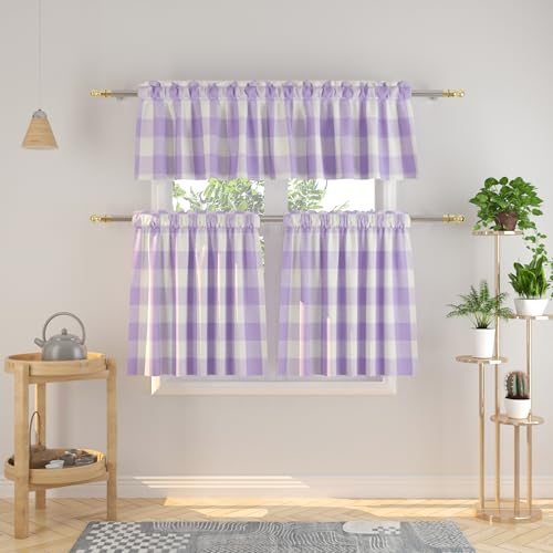 3 Pieces Tier Curtains and Valance Set Buffalo Check Kitchen Tiers Plaid Gingham Rod Pocket Classic Short Small Cafe Curtains Country Farmhouse Cafe Bathroom 54"x18"/27"x24" Lilac & White - color: Plaids Lilac&white, size: 27"W x 24"L (Pack of 3)