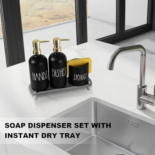 Kitchen Soap Dispenser Set, 16.9 fl oz Hand and Dish Soap Dispensers with Tray, Black and Gold Kitchen Soap Dispenser Set with Sponge Holder, Instant Dry Tray, Gold&Black - color: Black Bottle+gold Pump