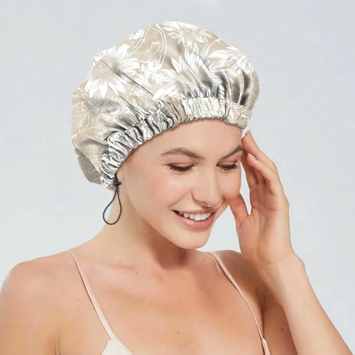 2 PCS Shower Cap Reusable Waterproof Double Layers Hair Caps Shower Bath Adjustable Elastic Hat for Women Girls Cute Aesthetic-Orange Flower - color: AI15-Orange Flower