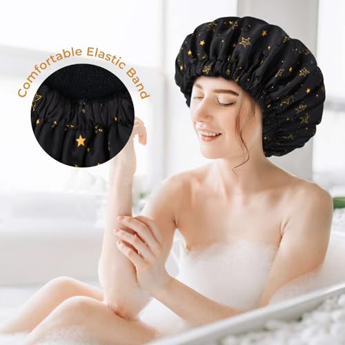 Shower Cap for Women Terry Lined Bath Cap Large Reusable Waterproof Elastic Band Black Star Shower Caps for Long Thick Hair Soft Bath Shower Hair Caps - color: Black/Gold Star