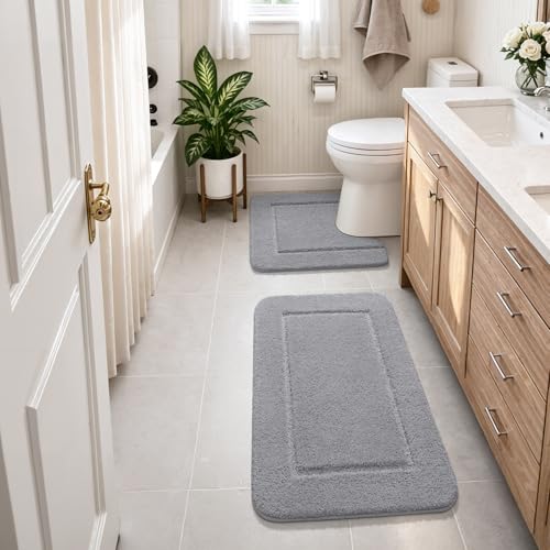 LOCHAS Bathroom Rug Set Grey, Soft Bath Rug Set 2 Piece, Toilet Mat U-Shaped 24x24 and 34x21 Bath Rugs, Quickly Dry Mats for Bathroom, Tub, Washable, Super Absorbent Floor Mat - color: Light Grey, size: 34" x 21" Plus 24" x 24" (U-Shape)