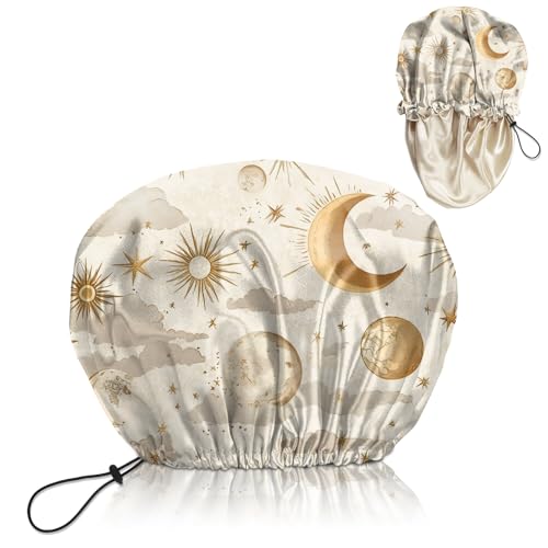 Luxury Shower Cap Satin Lined Reusable Waterproof Double Layer Elastic Adjustable Hair Bath Cap Cute Aesthetic Women Girls-Sun - color: F10-Sun