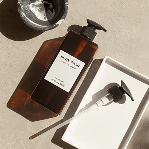 La Via Casa Shampoo and Conditioner Dispenser | 3 Plastic Amber 3 Wall Mount Black | Shampoo Dispenser with Waterproof Labels | No Drill | Shower Bottles Refillable with Pump