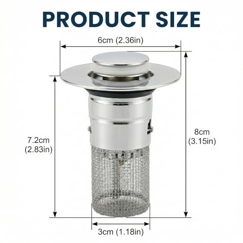 2PCS Pop Up Bathroom Sink Drain Strainer with Removable Stainless Steel Hair Catcher Basket
