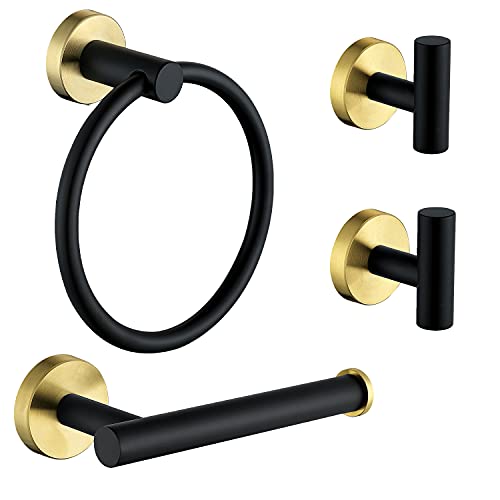 4 Piece Stainless Steel Matte Black and Brushed Gold Bathroom Hardware Set Include Hand Towel Ring Holder, Toilet Paper Holder,and 2 Robe Towel Hooks,Bathroom Accessories Kit - color: Black and Brushed Gold