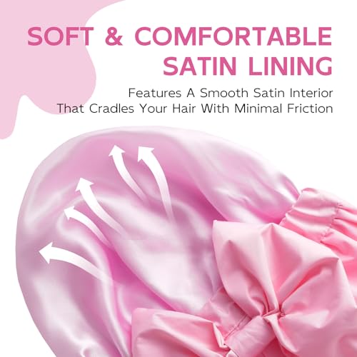 Years Calm Extra Large Shower Cap for Long Thick Hair – Waterproof Double Layer Bath Cap with Satin Lining, Secure Elastic Fit for Braids, Curls & Extensions - color: Pink