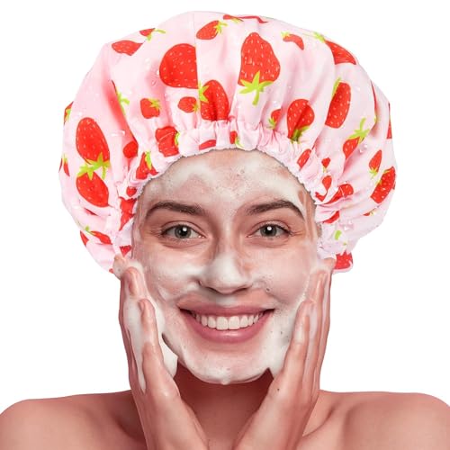 Shower Cap for Women Terry Lined Bath Cap Large Reusable Waterproof Elastic Band Pink Shower Caps for Long Thick Hair Soft Bath Shower Hair Caps - color: PINK STRAWBERRIES