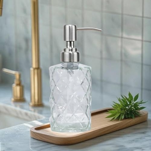 12Oz Clear Glass Soap Dispenser with Stainless Steel Pump, Refillable Kitchen Liquid Hand Soap Dispenser with Diamond Design, for Dispense Hand soap, Dish Soap, Lotion, Bathroom, Countertop, Hotel - color: Diamond Clear
