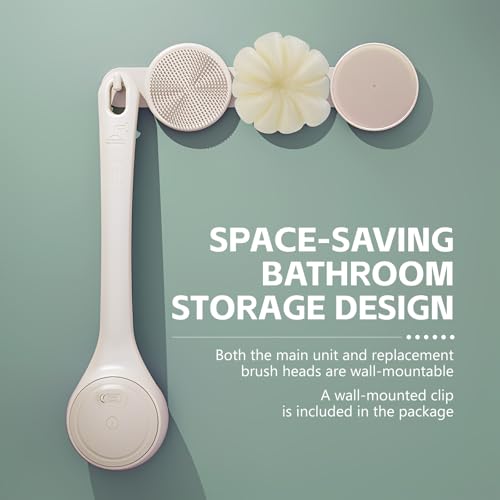 Electric Body Brush Back Scrubber for Shower, Waterproof Long Dual Handle Power Body Scrubber with 4 Heads, Bath Brush & 2 Speeds, for Deep Cleansing, Exfoliating and Massaging Skin (Beige) - color: Beige