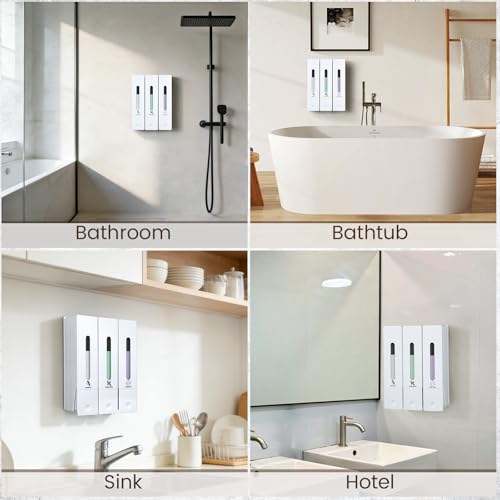 3 Chamber Shampoo and Conditioner Dispenser, No Drill - Wall Mounted Shower Soap Dispenser, Refillable Body Wash Dispenser Set 3, 1200ML Capacity, for Bathroom & Hotel, White - color: White Set of 3