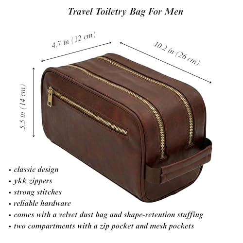 Toiletries bag for men, Premium PU Leather Travel Kit, Metal Zippers & Bottom Studs, Velvet Dust Bag & Shape-Retention Packaging – Gift Ready For Groomsmen, Anniversary, Birthday Gifts / DARK BROWN - color: DARK BROWN