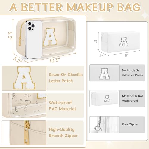 Initial Clear Makeup Bag, Birthday Gift Preppy Chenille Patch Cosmetic Bag, Initial Travel Essentials Beach Toiletry Pouch, Ideal Gift for Teachers & Moms, Women and Girls (Beige, A) - color: Beige, style: A