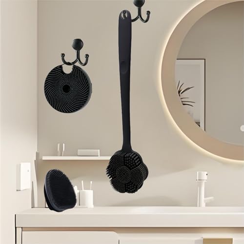 Back Scrubber & Face Scrubber Brush for Shower - 15 Inch Long Handle Double Sided Silicone Body Brush for Exfoliation & Massage, Soft Facial Cleansing Brush, Rich Lathering for Deep Cleansing (Black) - color: Black