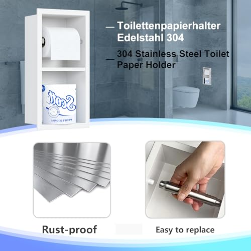 Neodrain White Tissue Holder, Contemporary Hotel Style Pivoting in Wall Toilet Paper Holder, Stainless Steel Recessed Tissue Paper Roll Holder, Double roll - color: White, size: 6X12In