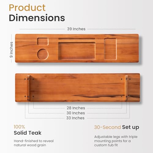 Teak Bathtub Tray for Freestanding Bath, 39" Extra Thick Adjustable Spa Caddy - Non-Slip Anti-Tip Wood Organizer for iPad, Wine & Book - Artisan Natural Finish, Perfect Self-Care Gift - color: Natural Teak, size: 39 Inch