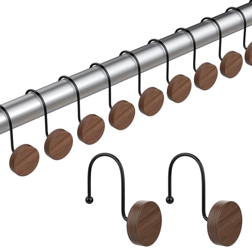 Shower Curtain Hooks, Decorative Shower Curtain Rings for Shower Curtain, Imitation Wood Grain Resin Shower Curtain Hangers, 12PCS Waterptoof Shower Hooks for Bathroom, Bedroom, Plant Hanger (Black) - color: Black