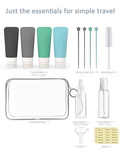16-Piece Silicone Travel Bottles Set – TSA Approved Leakproof Toiletry Kit with Flat Easy-Squeeze Bottles, Pump & Spray, Waterproof Bag | 16-Piece Silicone Bottles Set,TSA Approved Leakproof,Easy-Squeeze Bottles,Come with Pump,Spray bottles and Waterproof