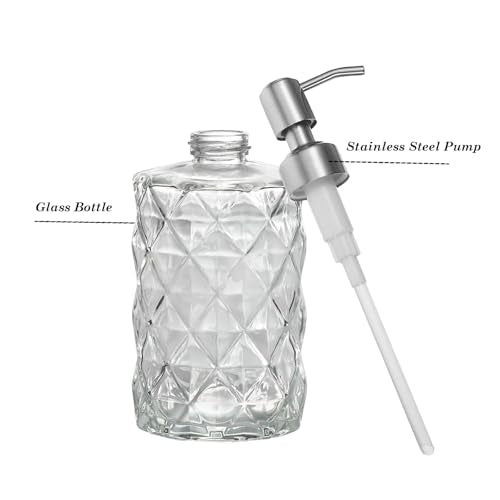 12Oz Clear Glass Soap Dispenser with Stainless Steel Pump, Refillable Kitchen Liquid Hand Soap Dispenser with Diamond Design, for Dispense Hand soap, Dish Soap, Lotion, Bathroom, Countertop, Hotel - color: Diamond Clear