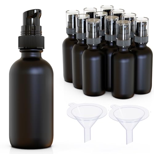 12Pack 2oz Black Glass Pump Bottles, 60ml with Black Pump, Empty Refillable Travel Small Container For Lotion Cream Essentil Oil Shampoo (60mlpumpBLK) - size: 2oz Black Glass